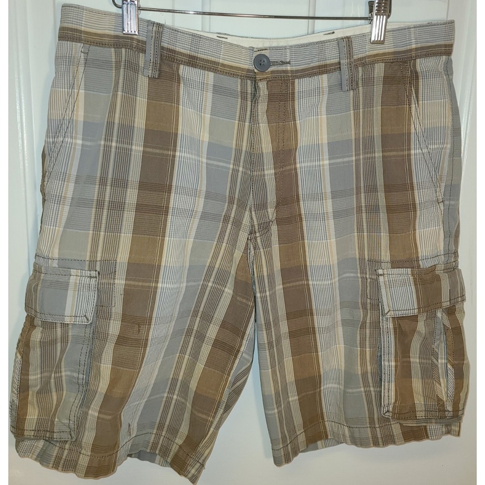 Dockers Plaid Cargo Shorts, Brown/Tan/Grey, Men's Size 34, 100% Cotton 9" inseam